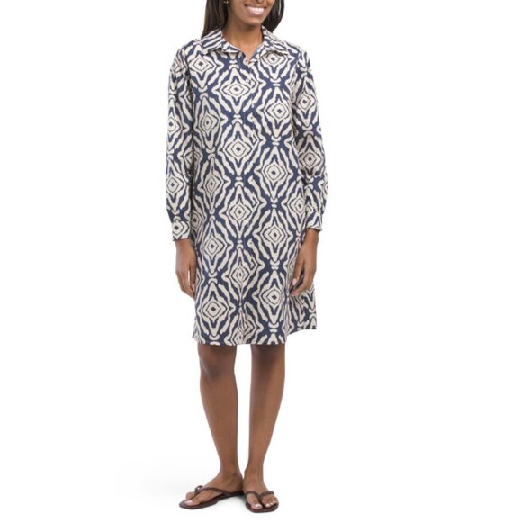 BLUE NAVY Navy/Cream Made In Italy Foliage Cotton Shirt Mini Dress - Picture 1 of 2